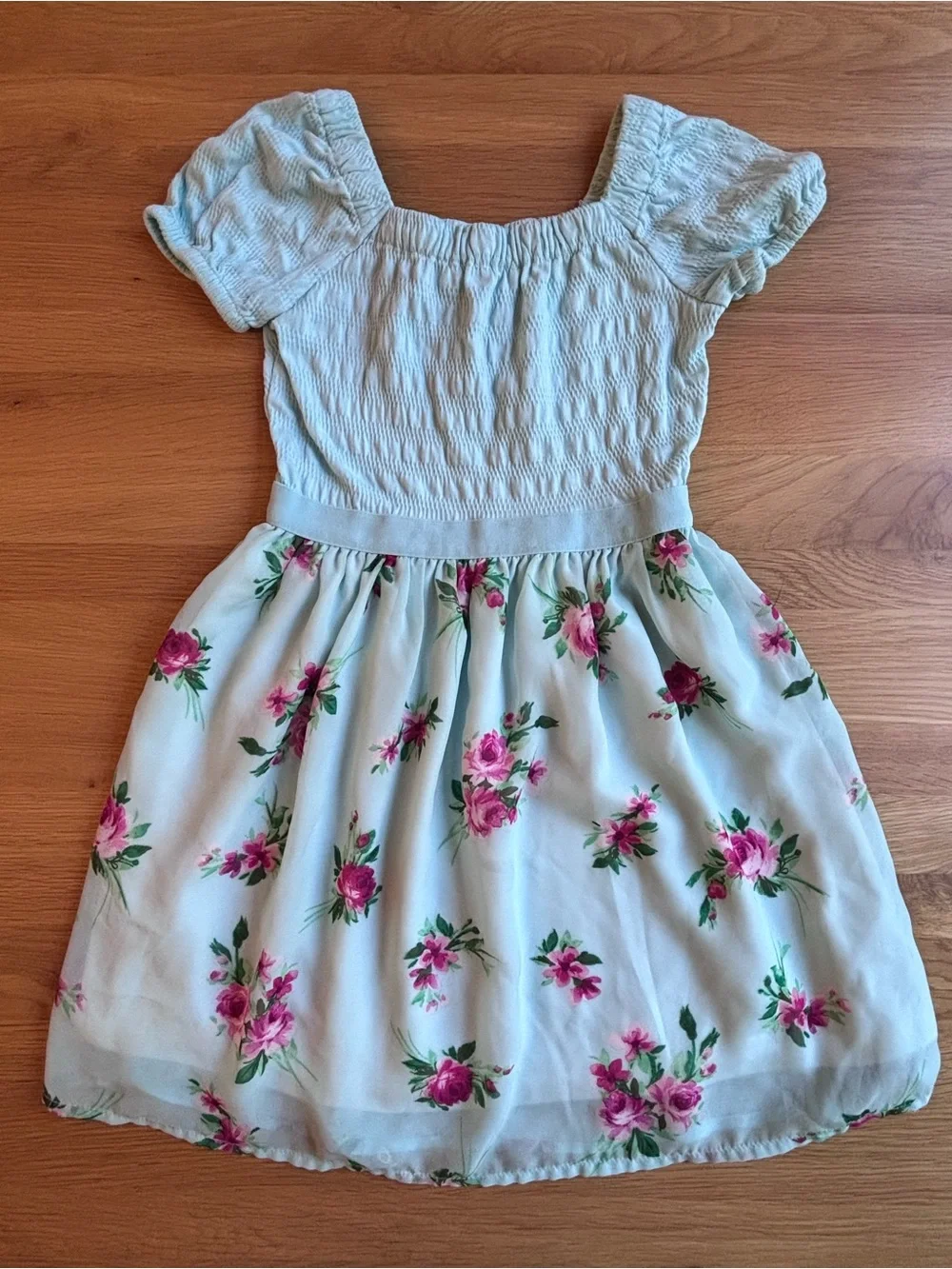 Place Light Blue Floral Puff-Sleeve Dress with Pink Roses